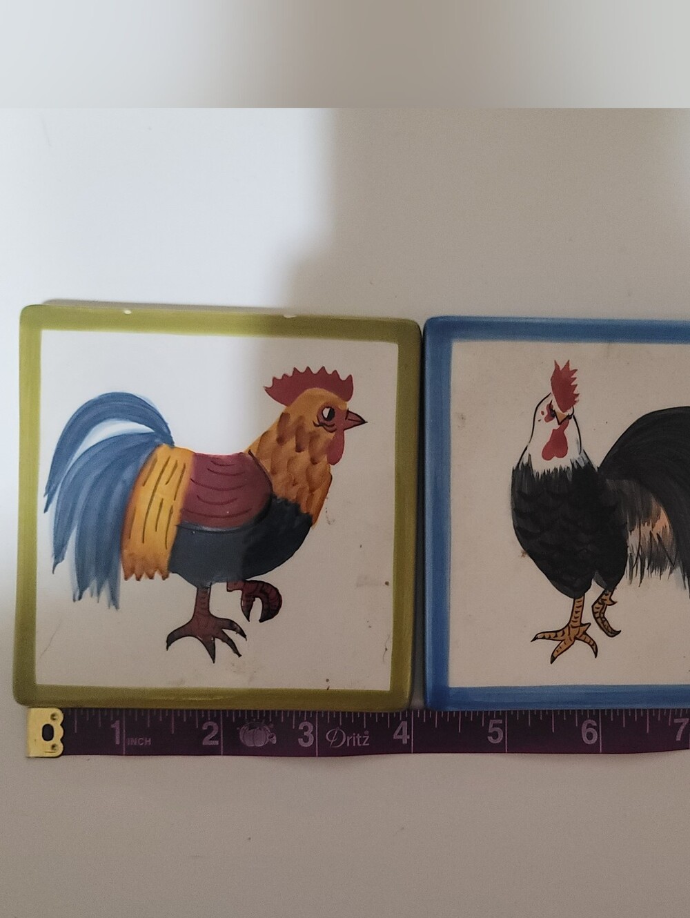 Hand-Painted Rooster Ceramic Tile Pair - Yellow & Blue Trim